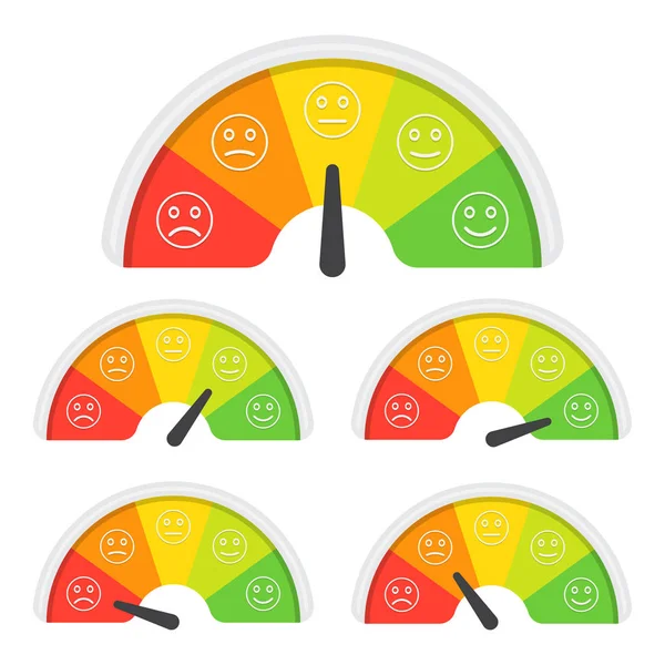 Conjunto de medidor de satisfacción del cliente con diferentes emociones. Ilustración vectorial. Escala de color con flecha de rojo a verde y la escala de emociones — Archivo Imágenes Vectoriales