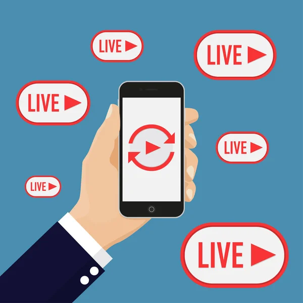 Live streaming έννοια κοινωνικών μέσων μαζικής ενημέρωσης. Εικονογράφηση διάνυσμα — Διανυσματικό Αρχείο