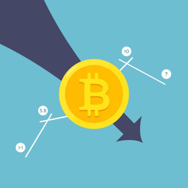 Üzerinde kırmızı ok aşağı uçan fiyat Bitcoin düşmüş. İflas Bitcoin.