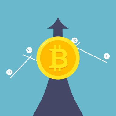 Bitcoin büyüme kavramı. Bitcoin gelir illüstrasyon. Yığınlar altını gelir grafik ile bitcoin gibi. Vektör illüstrasyon izole mavi arka plan üzerinde