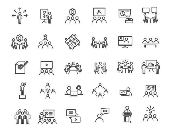 Conjunto de iconos lineales de formación empresarial. Iconos de taller en diseño simple. Ilustración vectorial —  Fotos de Stock