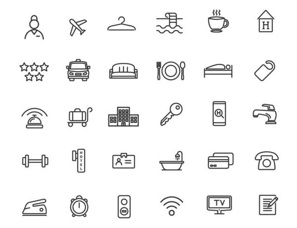 Set di icone lineari dell'hotel. Icone da viaggio dal design semplice. Illustrazione vettoriale — Foto Stock