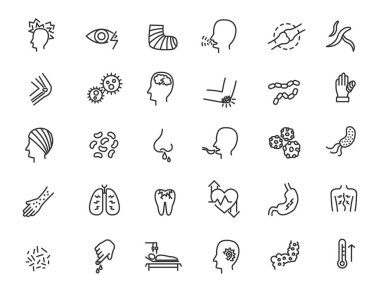 Doğrusal hastalık simgeleri seti. Basit tasarımda hastalık simgeleri. Vektör illüstrasyonu