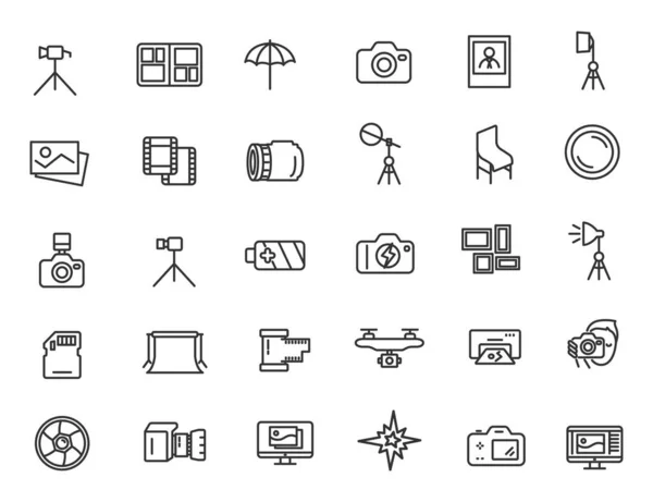 Conjunto de iconos de estudio de fotos lineales. Iconos de fotógrafo en diseño simple. Ilustración vectorial — Vector de stock