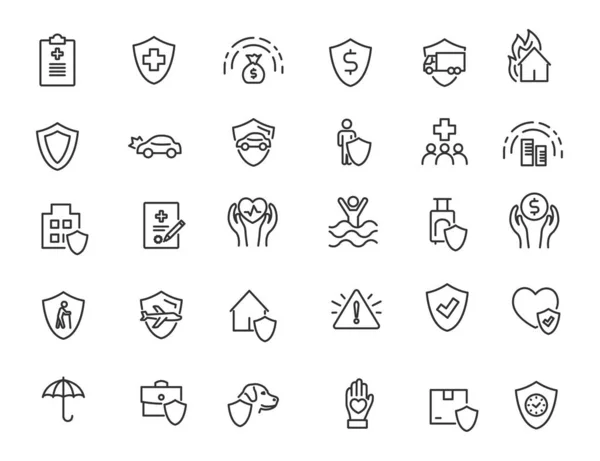 Conjunto de iconos de seguros lineales. Financia iconos de protección en diseño simple. Ilustración vectorial — Vector de stock