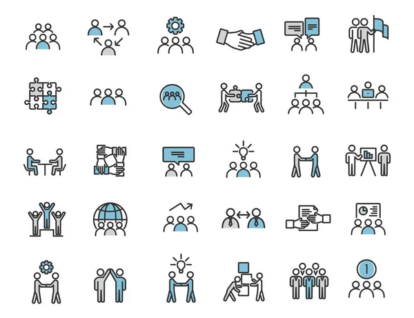 Zestaw liniowych ikon pracy zespołowej. Ikony komunikacji w prostej konstrukcji. Ilustracja wektora — Wektor stockowy