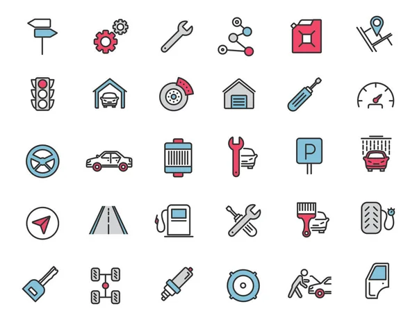 Conjunto de iconos de servicio de coche lineal. Iconos del vehículo en diseño simple. Ilustración vectorial — Archivo Imágenes Vectoriales