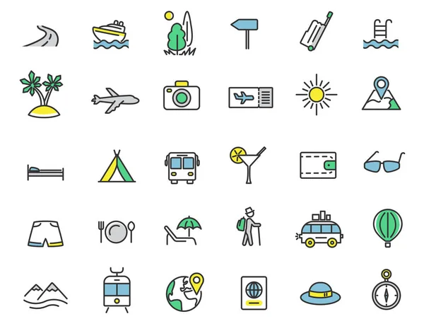 Conjunto de iconos de viaje lineales. Iconos del turismo en diseño simple. Ilustración vectorial — Archivo Imágenes Vectoriales