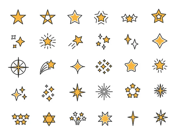 Serie di icone di stelle lineari. Stelle scintillano icone nel design semplice. Illustrazione vettoriale — Vettoriale Stock