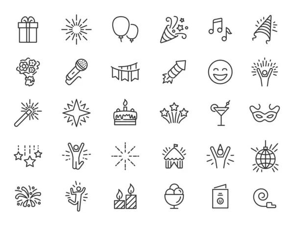 Conjunto de iconos de partido lineales. Iconos de celebración en diseño simple. Ilustración vectorial — Archivo Imágenes Vectoriales