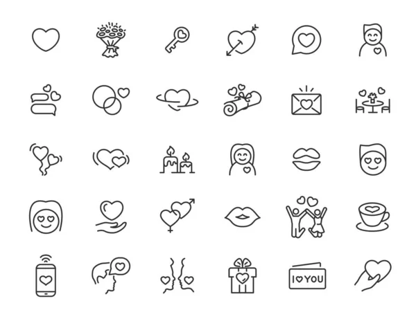 Conjunto de ícones lineares de amor. Ícones de relacionamento em design simples. Ilustração vetorial —  Vetores de Stock