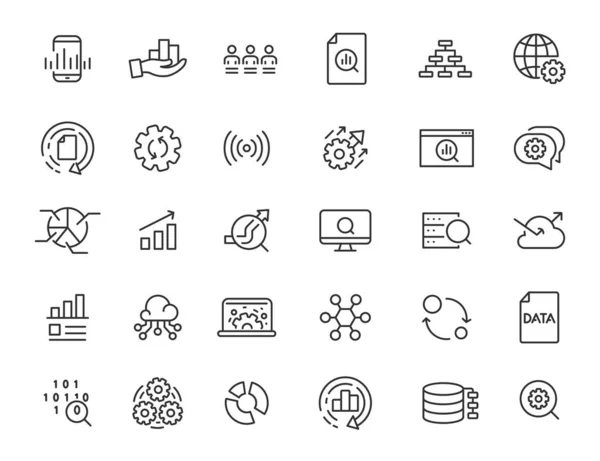 Set di icone lineari per l'elaborazione dei dati. Icone di analisi dal design semplice. Illustrazione vettoriale — Vettoriale Stock