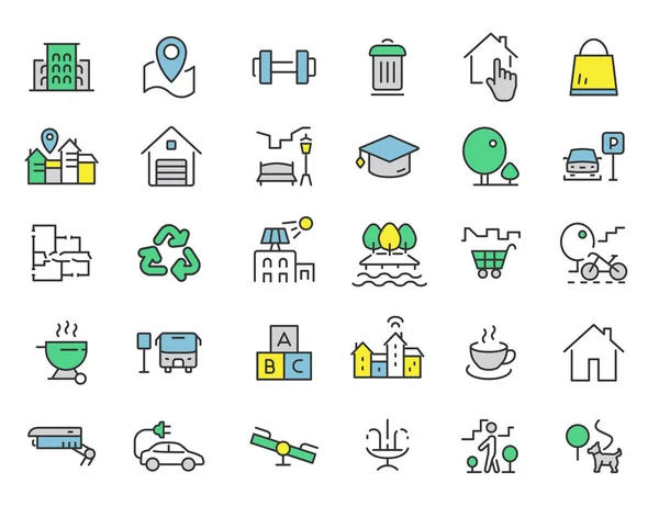 Conjunto de iconos complejos residenciales lineales. Iconos de infraestructura en diseño simple. Ilustración vectorial — Vector de stock