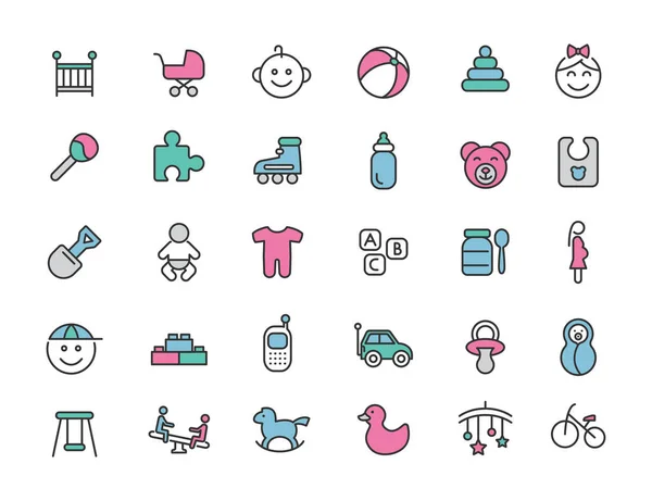 Conjunto de ícones lineares de bebê. Ícones recém-nascidos em design simples. Ilustração vetorial —  Vetores de Stock