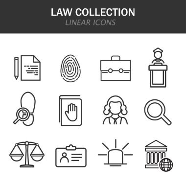 Beyaz arkaplanda siyah olarak doğrusal hukuk koleksiyonu simgeleri