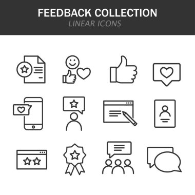 Beyaz arkaplanda siyah olarak geri besleme koleksiyonu doğrusal simgeleri