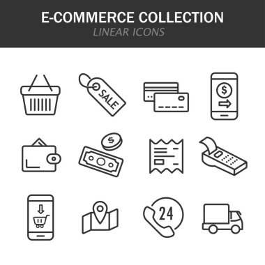 Beyaz arkaplanda siyah renkli e-ticaret koleksiyonu simgeleri