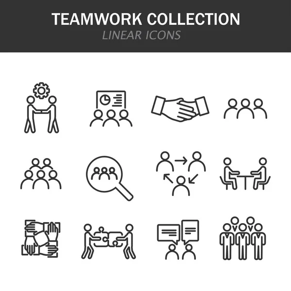 Kolekce týmové práce lineární ikony v černé na bílém pozadí — Stockový vektor