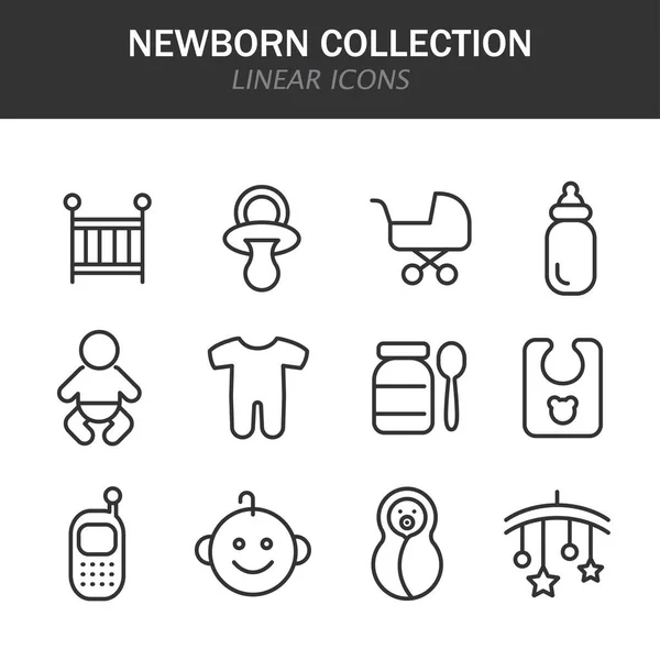 Iconos lineales de colección para recién nacidos en negro sobre fondo blanco — Vector de stock