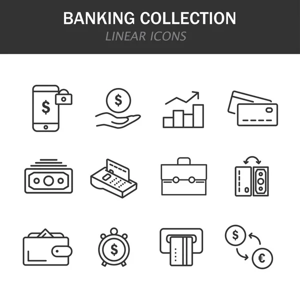 Bankgyűjtemény lineáris ikonok fekete, fehér alapon — Stock Vector