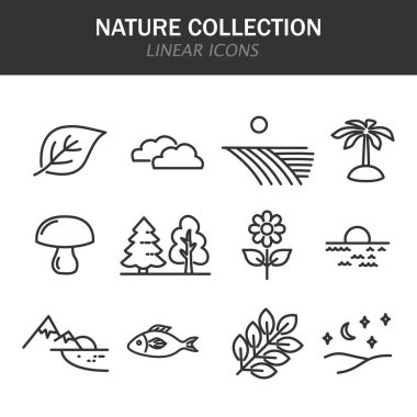Beyaz arkaplan üzerinde siyah olan doğa koleksiyonu doğrusal simgeleri