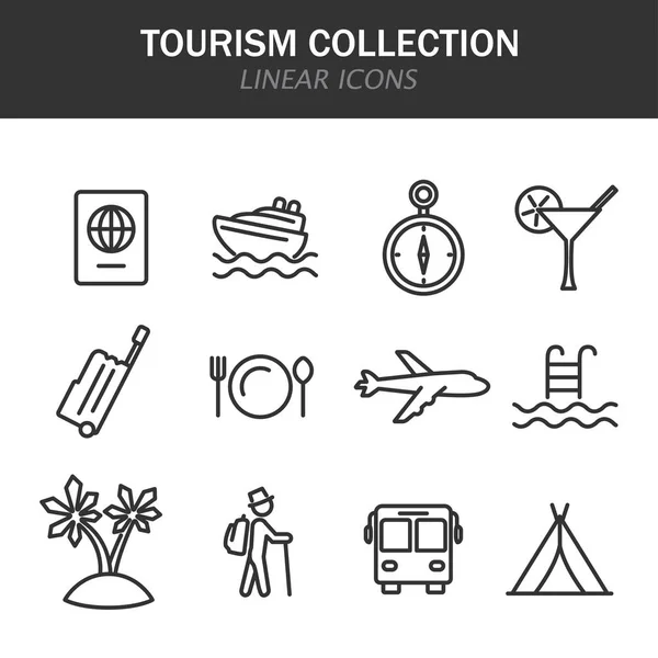 Turistika sbírka lineární ikony v černé na bílém pozadí — Stockový vektor
