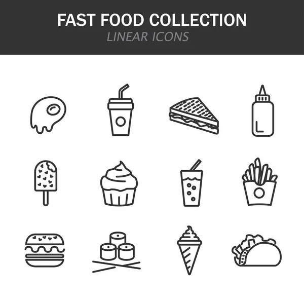Gyors élelmiszer-gyűjtemény lineáris ikonok fekete, fehér alapon — Stock Vector