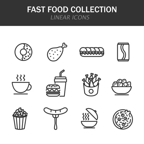Gyors élelmiszer-gyűjtemény lineáris ikonok fekete, fehér alapon — Stock Vector