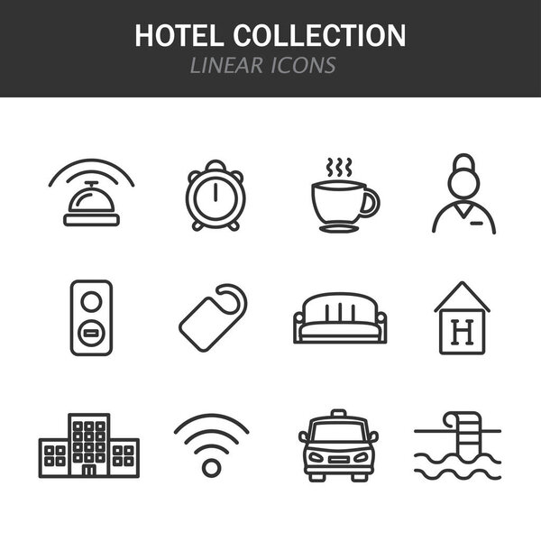 Hotel collection linear icons in black on a white background