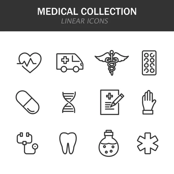 Ιατρική Συλλογή Γραμμικών Εικόνων Μαύρο Λευκό Φόντο — Διανυσματικό Αρχείο