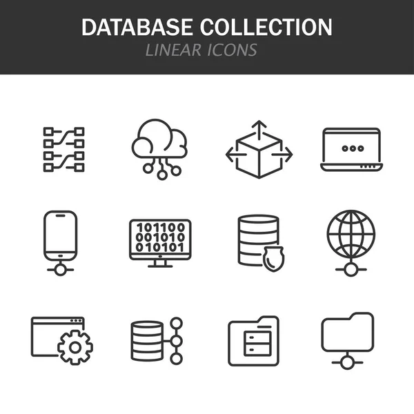 Lineární Ikony Sbírky Databáze Černé Bílém Pozadí — Stockový vektor
