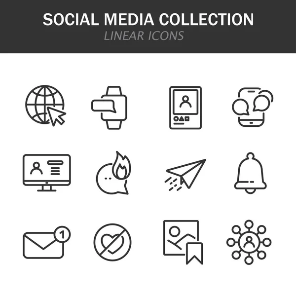 Colección Redes Sociales Iconos Lineales Negro Sobre Fondo Blanco — Vector de stock