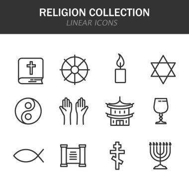 Din koleksiyonu beyaz zemin üzerinde siyah renkli doğrusal simgeler