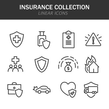 Sigorta koleksiyonu beyaz zemin üzerinde siyah renkli doğrusal simgeler