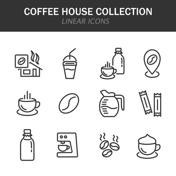 Káva Dům Kolekce Lineární Ikony Černé Bílém Pozadí — Stockový vektor