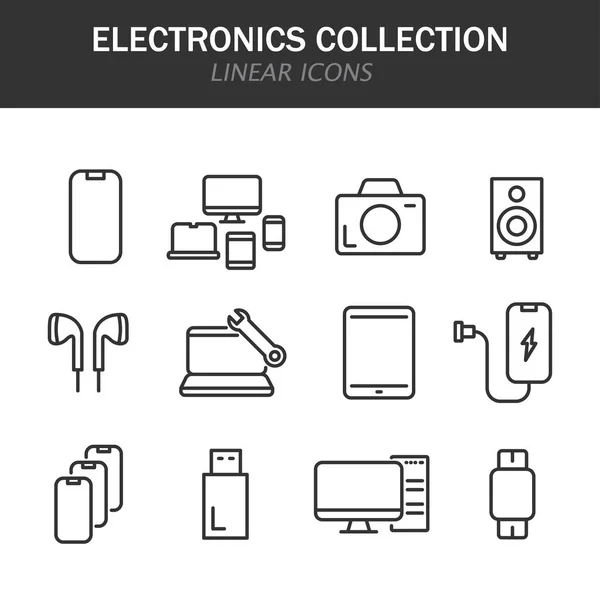 Collection Électronique Icônes Linéaires Noir Sur Fond Blanc — Image vectorielle