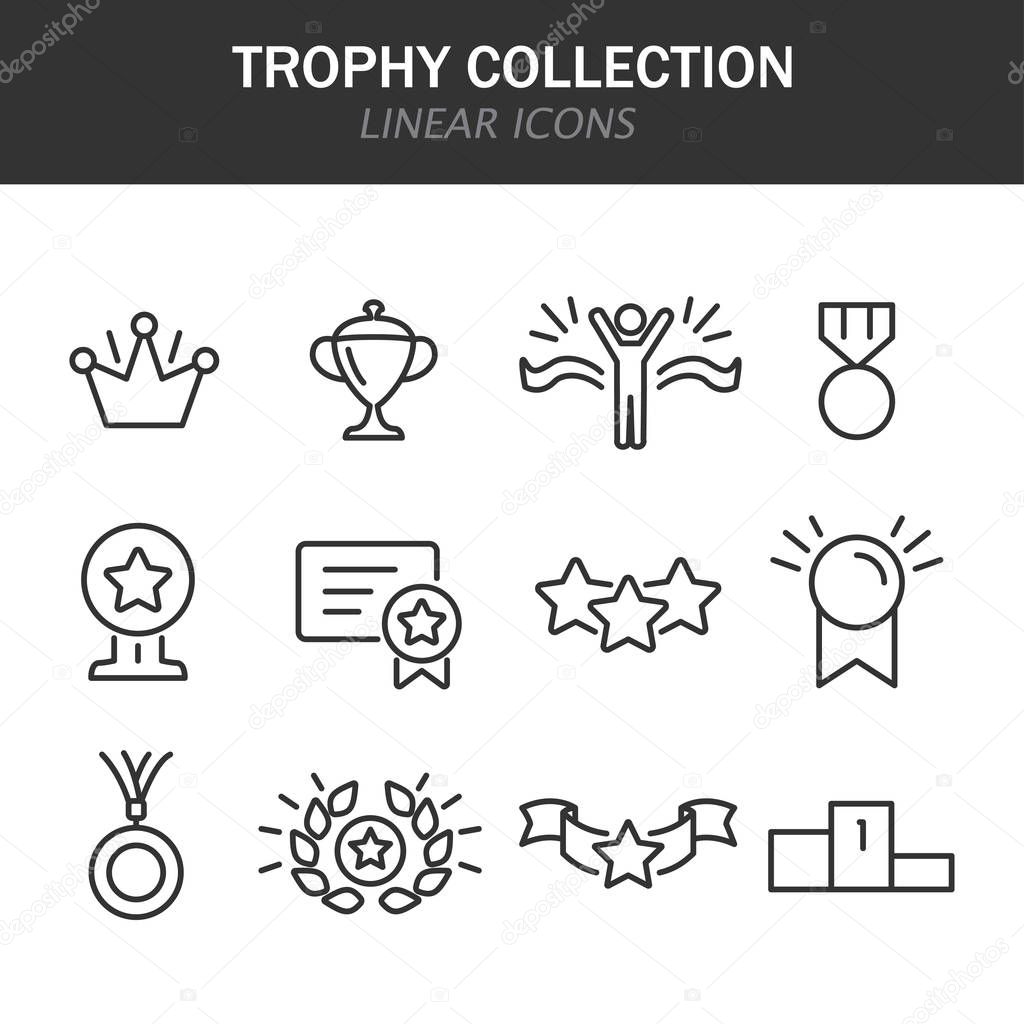 Trophy collection linear icons in black on a white background
