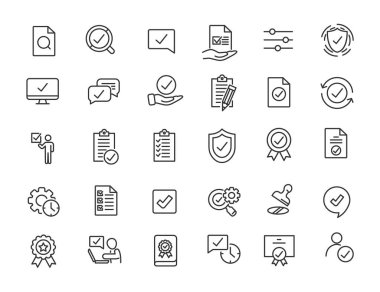 Doğrusal kalite simgeler kümesi. Basit dizayndaki simgeleri garanti et. Vektör illüstrasyonu