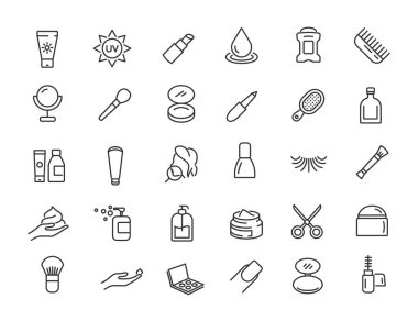 Bir dizi doğrusal cilt bakımı ikonu. Basit tasarımda kozmetik simgeler. Vektör illüstrasyonu