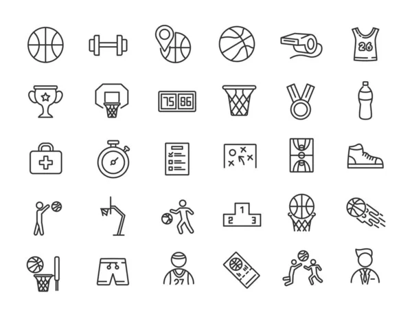 Σύνολο Γραμμικών Εικόνων Μπάσκετ Αθλητικά Εικονίδια Απλό Σχεδιασμό Εικονογράφηση Διανύσματος — Διανυσματικό Αρχείο