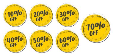 Yarım tonlu% 10, 20, 30, 40, 50, 60, 70 indirimli grunge sticker seti. Satılık, promosyon, reklam