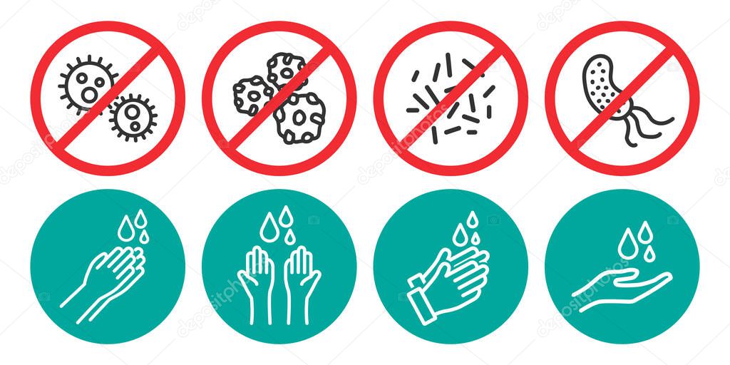 Set of washing hands and no virus icons in four different versions in a flat design. Vector illustration