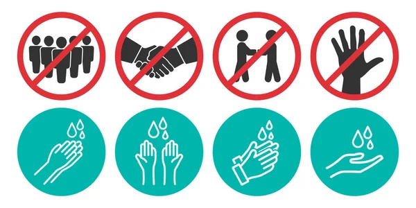Set Aus Handschlag Berührungs Und Händewaschsymbolen Vier Verschiedenen Versionen Flachem — Stockvektor