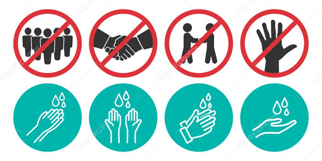 Set of no handshake, touch and washing hands icons in four different versions in a flat design. Vector illustration