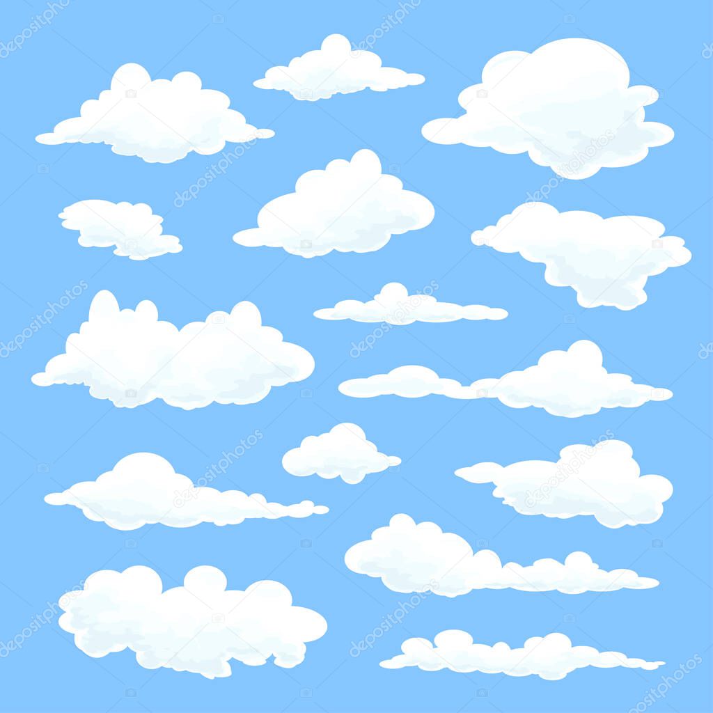 Set of clouds in a flat design on a blue background
