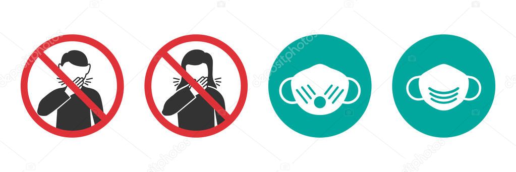 Set of coughing man and woman prohibit icons and medical mask icons