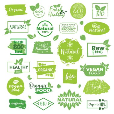 Big set of fresh eco organic grunge labels on a white background clipart
