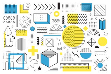 Beyaz arka planda büyük bir memphis tasarım elementleri