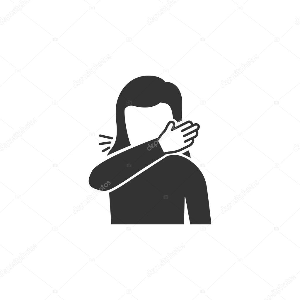 Woman coughs at the bend of the elbow icon in simple design. Vector illustration