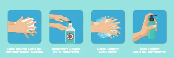 Hands Wash Disinfection Backgrounds Set Flat Design Preventive Measures Coronavirus — Stock Vector